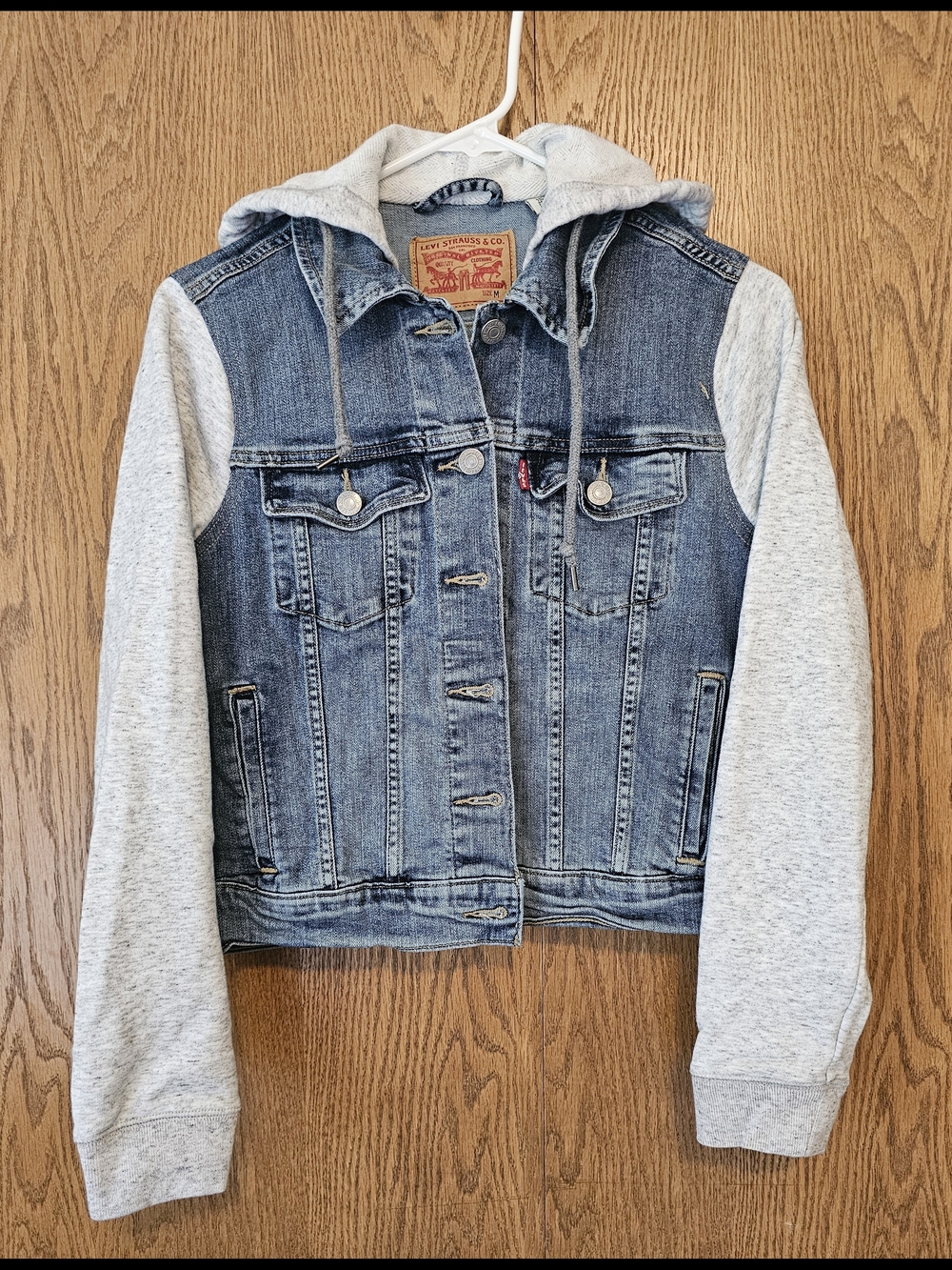 Levi's Blue Denim Jacket with Light Gray Hood and Sleeves